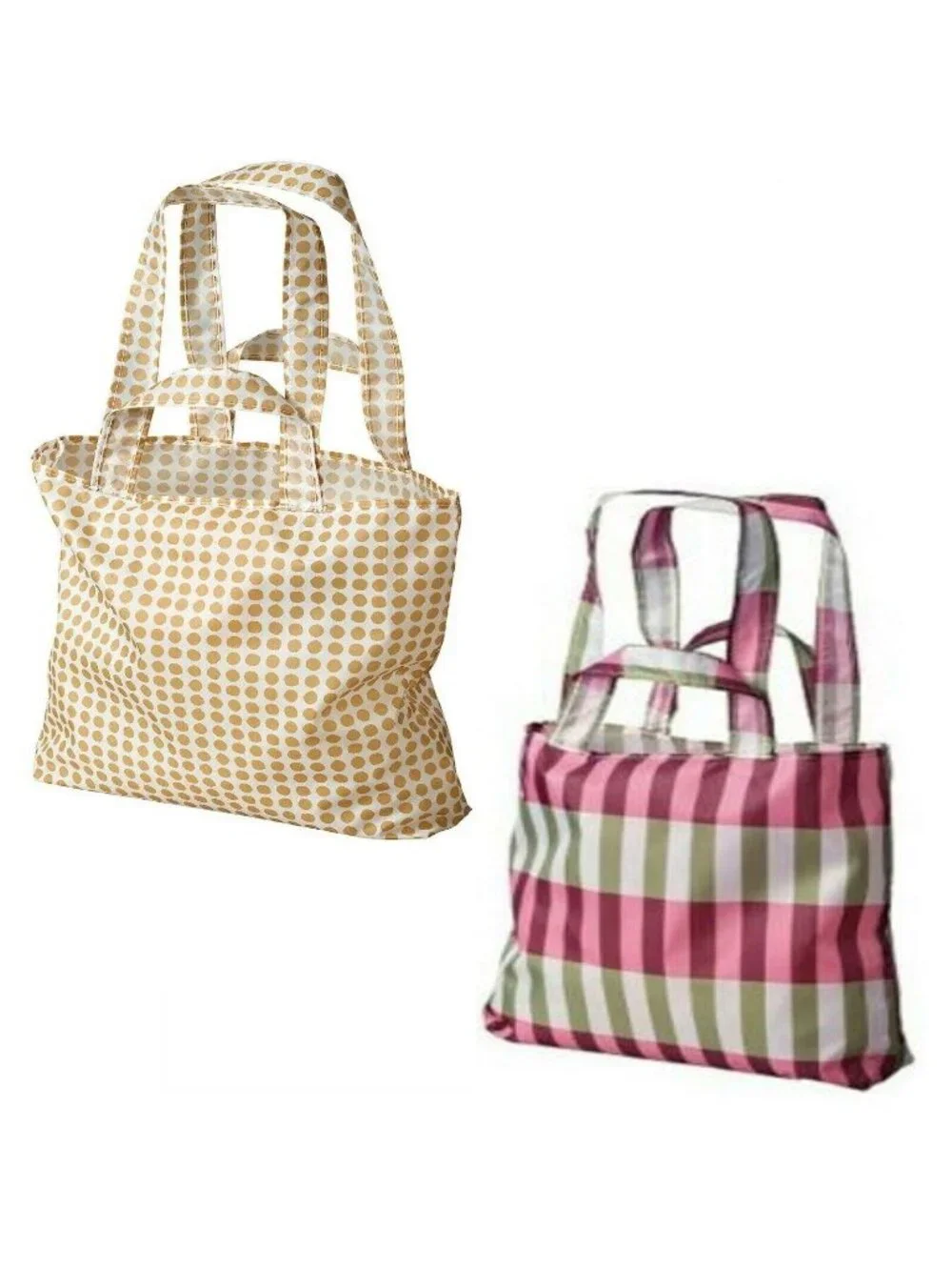 2 IKEA Skynke Reusable Shopping Bags Handles Pouch Plaid Polka Dot Sustainable